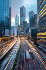 Obraz premium Flow of traffic on a evening highway in a city with modern high buildings