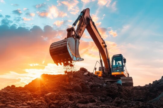 Sunset at construction site: giant excavator digs up pile of soil - Powered by Adobe