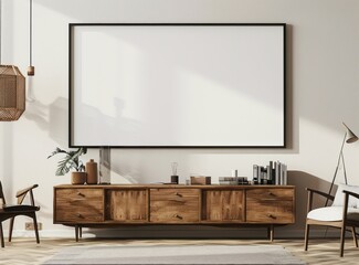 A large blank frame hanging on the wall of an elegant living room with wooden dressers. The living room has a modern interior design style with a simple, beige and white colored background