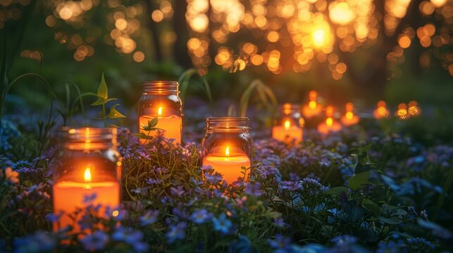 outdoor lighting ideas, mason jar tea light candles providing cozy and romantic garden party lighting