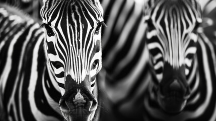 Stripes and gazes: a monochrome zebra duo stands out in stark, artistic contrast.