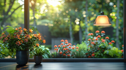 Flowers on black table next to plants in grey