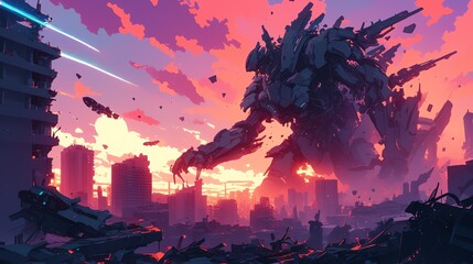 Giant Robot in urban city, anime background