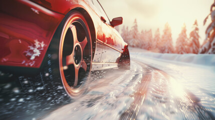 Winter rush: a sporty red car zooms through a snowy forest road, leaving a trail of adventure.