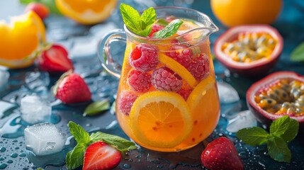 chilled passion fruit cocktail pitcher with fruit slices and ice cubes, a refreshing summer concept on a vibrant backdrop