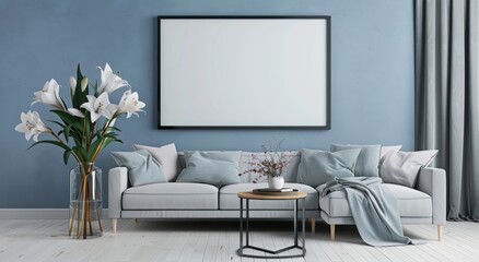 A large blank frame hangs on the wall above an elegant grey sofa in a living room. The living room has white wooden flooring and blue walls