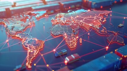 World map with logistic network distribution on background. Logistic and transport concept in front Container Cargo freight ship for Concept of fast or instant shipping, Online goods orders worldwide