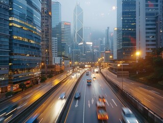 Naklejka premium Flow of traffic on a evening highway in a city with modern high buildings