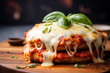 Juicy chicken parmesan on a wooden board against a pastel or soft colors background