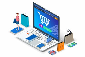 Obraz premium Ecommerce security vector with laptop, shopping bags, and digital elements in blue, black, and white, highlighting online shopping protection and modern technology