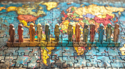 A close-up view of a puzzle featuring a map of the world, showcasing countries, continents, and...