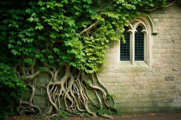 Vintage gothic window with entwined ivy, emanating a mystical ambiance
