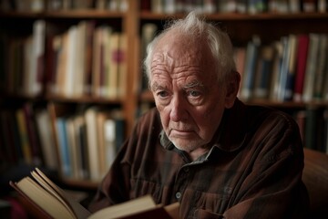 Elderly Man Reading in Library for Knowledge and Wisdom Themes