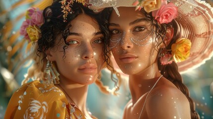 Obraz premium Queer couple in bohemian chic attire, festival setting, freespirited and stylish, lifestyle fashion ad
