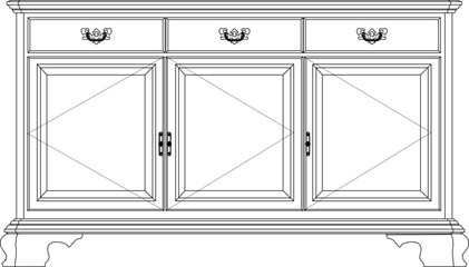 Vector illustration sketch of old classic vintage ethnic carved teak wood cupboard furniture design