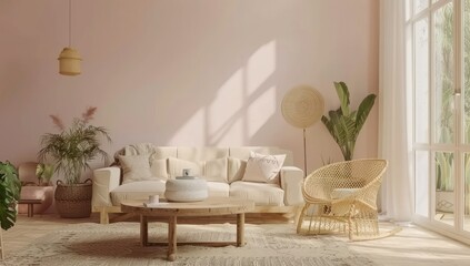 A light pink living room with pastel tones, featuring wooden furniture and soft lighting
