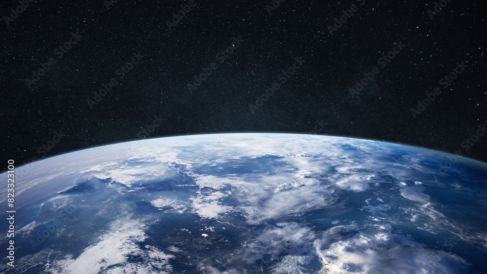 Poster amazing blue planet earth with ocean, clouds and continents in open space on the starry sky.