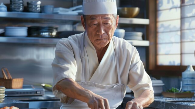 Experienced Japanese Chef in Traditional Attire Preparing Sushi in a Professional Kitchen Setting