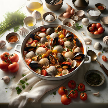 Bountiful Buzio Shellfish Stew on Marble Counter