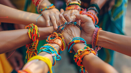A close-up of hands holding friendship bracelets, highlighting the tradition of exchanging tokens of friendship on Friendship Day.