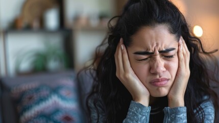 Young Latin Mexican woman holding her head in pain