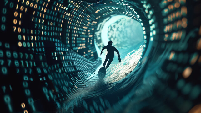 Digital surfer concept, man navigating the binary code waves of a data ocean.