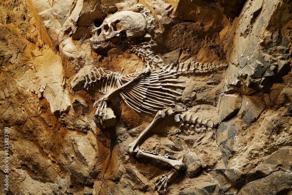 Poster A well-preserved dinosaur fossil is embedded within layers of rock, showcasing its ancient features