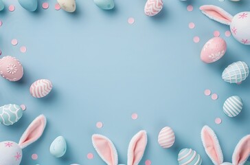 Happy Easter Frame with Pastel Eggs and Bunny Ears on Blue Table