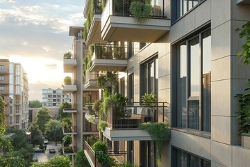 Fototapeta premium Contemporary Apartment Building with Greenery-Filled Balconies for Sustainable Urban Living