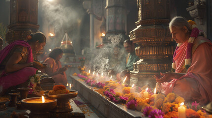 A peaceful moment captured during Guru Purnima celebrations, showing devotees offering prayers and floral tributes at the feet of their revered teacher or guru. The scene radiates devotion and