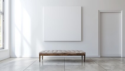 A photo of a blank white canvas hanging on the wall above an empty leather bench in front of it