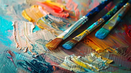 Art therapy session, vibrant paints and brushes, bright natural light, creative and calming 