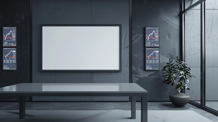 A modern finance office with a blank frame mockup under a grey table, deep grey walls displaying live stock market feeds.