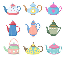 Cute teapots. Kitchen cartoon teapot or kettle decorative ceramic. Isolated modern coffee tea vector set.