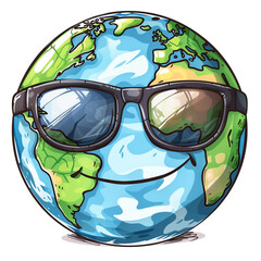 A cartoon portrait of Earth planet wearing sunglasses, isolated on white background
