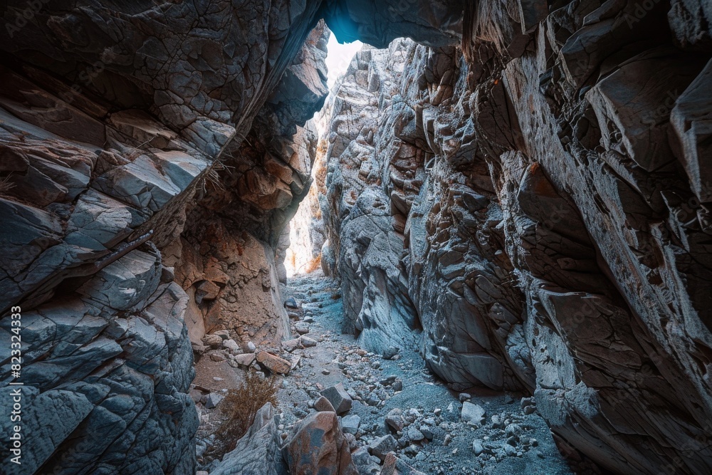 Poster moody, blue-toned image of a slot canyon with sunlight filtering from above, emphasizing texture and