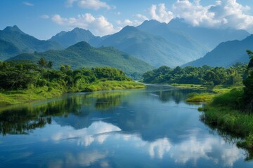A serene river landscape showcasing reflections with mountains and lush greenery under a blue sky
