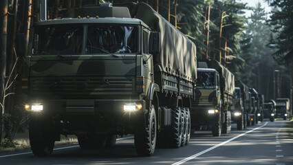 Convoy of military transport trucks on a strategic road operation in a serene forest setting.