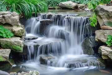 A serene waterfall cascading over mossy rocks surrounded by lush greenery in a tranquil garden setting