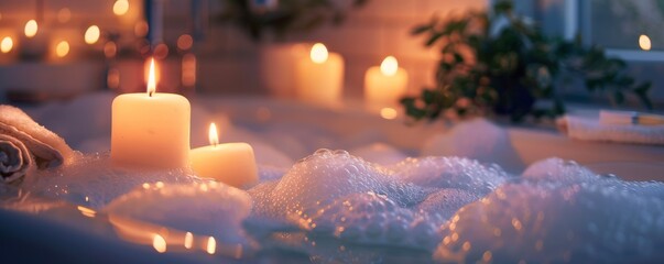 Bubble bath with candles, dim ambient lighting, soothing and luxurious 