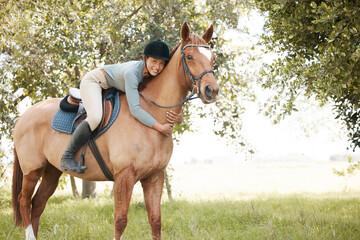 Woman, horse and riding in nature with hug, equestrian sport on ranch, stallion and hobby in...