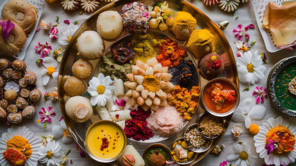 An overhead shot of a traditional Teej thali (plate) arranged with various sweets and savories, including ghewar, malpua, and kheer. The thali is decorated with flowers and colorful rangoli designs,