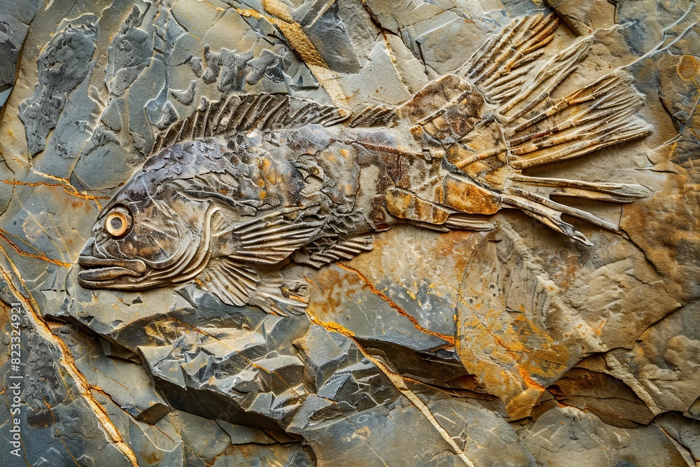 Poster detailed ancient fossil of a fish perfectly preserved in layered stone