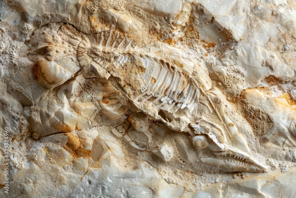 Poster a prehistoric fish fossil seen on a cracked rock surface pointing to ancient life forms