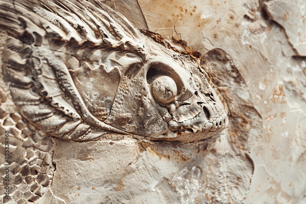 Poster A detailed image showing the texture and form of a fish fossil sculpture on a wall