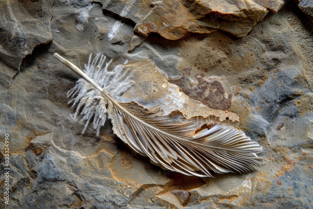 Poster an isolated feather rests on a layered rock surface, highlighting its fine structure and natural bea