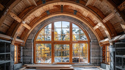 A wooden roof frame in a building being built, walls made of aerated concrete blocks, unfinished window spaces, a sturdy brick beam, a temporary structure, clear sky in the distance.