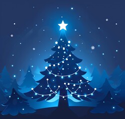 A Christmas card vector illustration, Christmas tree, star on top, midnight blue background, copy space for text