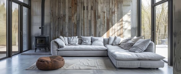 A large corner sofa in light gray tones against the background of a wall with panels made from reclaimed wood