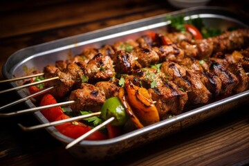 Delicious kebab on a plastic tray against a rustic wood background